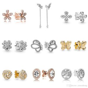 Nowy 100% 925 Sterling Silver Fit Pandora Kolczyki Kwiat Typ Hollow Ear Studs Charm Koraliki Fit Oryginalny DIY Dangler Hurtownie Fabryka