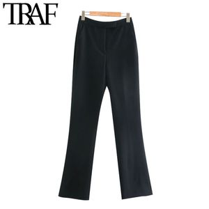 TRAF Kobiety Moda Office Wear Side Kieszenie Spodnie Flared Vintage Wysoka Talia Zipper Fly Female Spodnie Mujer 210915
