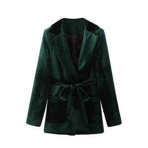 Eleganta kvinnor Mörkgrön Velvet Blazers Fashion Ladies Sashes Cross Coats Streetwear Kvinna Chic Pocket Jackor 210430