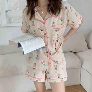 Stilvolle bequeme lose Homewear Baumwolle Chic Femme süße lässige weiche bedruckte Nachtwäsche Sommer Pyjamas Sets 210525