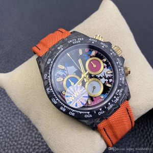 Męskie zegarek 40 mm 7750 Ruch chronografu dwustronny galwaniczny film o wysokiej przepuszczalności proces Proces lustra lustra włókna węglowego Luksusowe zegarek Reliejes