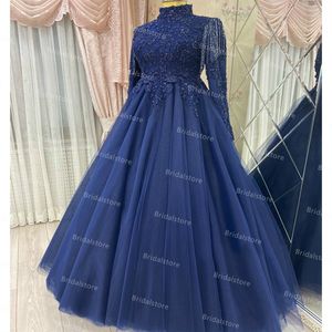 Luxuriöse blaue muslimische Abendkleider mit Perlen, Vintage-Stehkragen, A-Linie, arabisches formelles Partykleid, Quaste, lange Ärmel, Dubai-Abschlussballkleid, Türkei, Robes de Soir￩e 2021