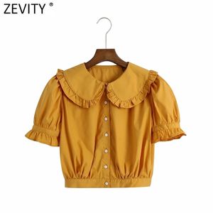 Kadın Tatlı Agaric Dantel Peter Pan Yaka Katı Kısa Gömlek Kadın Puf Kollu Fransız Tarzı Bluz Roupas Chic Tops LS9197 210420