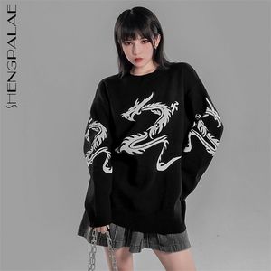 Sweater Mulheres Primavera em volta do pescoço Punk impresso preto e branco tamanho grande malha morna pulôver tops 5A1350 210427