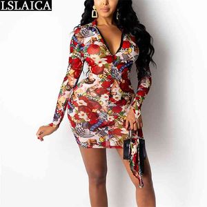 Sexkleid für Frauen V-Ausschnitt Reißverschluss Langarm Druck Mini Mode Plus Größe Streetwear Strand Urlaub Frau 210515