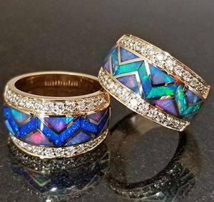 Moda 18 K Altın Geniş Bant Yüzük Yan Taşlarla Bayanlar Rhinestone Asfalt Opal Yüzük ABD Boyutu 5-11