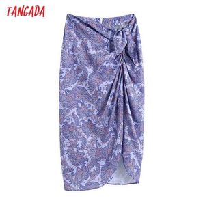 Tangada Kadınlar Chic Moda Paisley Baskı Wrap MIDI Etek ile Düğüm Vintage Yüksek Bel Geri Fermuar Kadın Etekler BE910 210609