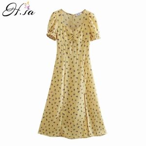 H.SA Women Casual Dress Short Sleeve V neck High Waist Pleated Sexy Split Long Vestidos Yellow Womens Clothing 210417