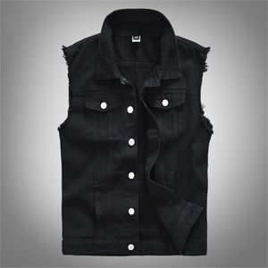 Moda Masculina Casual Preto Com Capuz Mangas Sem Mangas Vest Denim Vest Jacket Street Punk Style Denim Vest Múltiplos Opções de tamanho M-6XL 211104