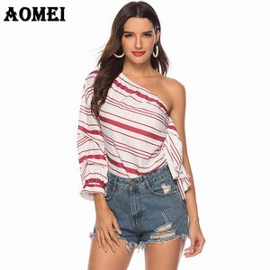 Mulheres listradas uma blusa de ombro sexy moda sleeves feminino casual ruffles bluas tops backless verão senhoras desgaste elegante 210416