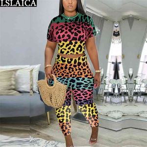 Sexy Two Peice Set For Women Summer Leopard Print Manica corta O Collo Plus Size Outfit Crop Tops + Pants Abbigliamento streetwear 210515