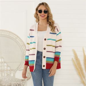 Kobiety zima sweter w paski Koszula V-Neck Luźna dziana Kardigan Koreański Z Długim Rękawem 210428