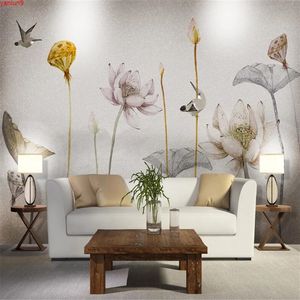 Papel de Parede Mural Personalizado estilo chinês mão pintado tinta lotus parede pintura quarto quarto sala de estar sala de estar tv fundo cobrindo