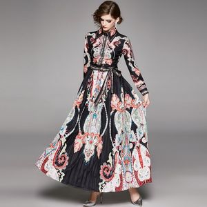 Spring Autumn Women Turn Down Collar Long Sleeve Flower Printed Bow Sashes Pleated Dress Female Party Long Maxi Dress 210514