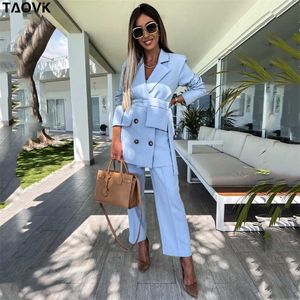 Taovk Women Office Pant Suit 더블 브레스트 풀 슬리브 블레이저 자켓 + 와이드 레그 2 개 세트 레이디 복장 작업복 211105