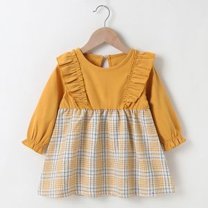 2020 kinder Herbst Neue Baby Langarm Kleid Genäht Gitter kleid blume mädchen kleider mädchen kleidung 0-3M-3Y Q0716