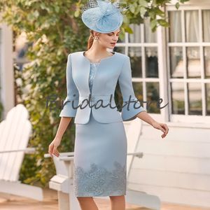 Retro Dusty Blue Sheath Mother Of The Bride Dress With Jacket Short Sleeve Knee Length Lace Elegant Women Formal Evening Wear Skirt Uk Wedding Guest Party Dresses