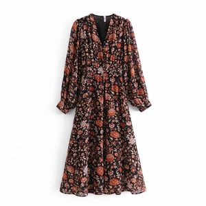 Print A Line Chiffon Midi Dress Women Bohemian V Neck Chic Dresses Elastic Waist Long Sleeve Casual Summer Dress Vestidos 210510