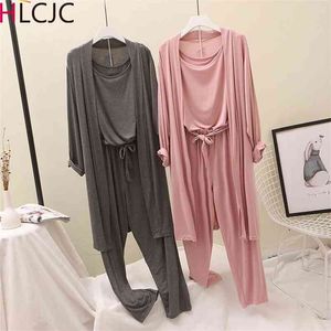 3 pçs / set Mulheres Pajama Modal Algodão Sexy Lingerie Robe Calças Pijamas Sets Primavera Outono Casual Sleepwear Homewear Pijama Mujer 210830