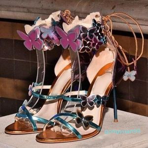 Sandálias de couro metálico borboleta lace-up tornozelo envoltório de alto salto sapatos de calçados stiletto saltos patchwork sapatos