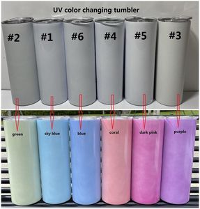 UV Color Changing Tumbler 20oz Sublimation Tumbler Sun Light Sensing Stainless Steel Straight Tumbler with Lid and Straws