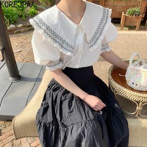 Korejpaa Women Sets Summer Korean Age-Reducing Lapel Contrasting Line Loose Puff Sleeve Shirt High-Waisted Slimming Skirts 210526