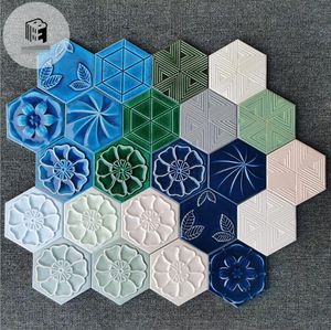 Blue large hexagon handmade tiles hotel restaurant background wall bricks ice crack vase brick mosaic tile