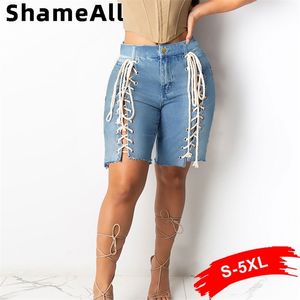 Y2K Plus Size Sexy Blue Hollow Out Denim Bermudas 4XL Summer Women Ripped Tassel Krótkie Dżinsy Koronki Up Bandaż Trudnowane Szorty 210708