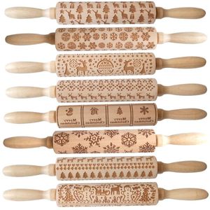 Embossing Rolling Pin Merry Christmas Decorations Cookies Biscuit Fondant Cake Dough Engraved Roller Wooden Baking Moulds