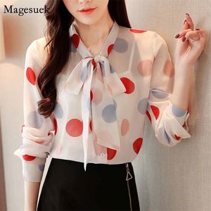 春のファッション女性のトップスにんじん色の甘いドットブラウスシフォン長袖シャツBlusas Mujer de Moda Bow 8364 210518