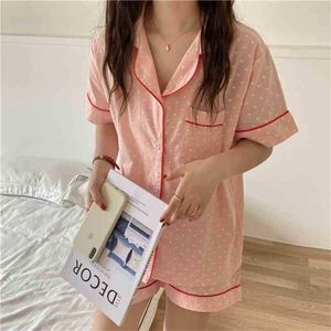 Sommar kort pyjamas söt nattkläder Slå ner krage Homewear Polka Dot Cotton Loose Two Piece Suit Sets 210525