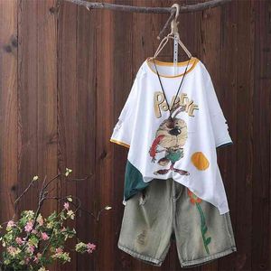 Sommar kvinnor T-shirt Plus Size Arts Style Cartoon Print Loose Tee Femme Casual O-Neck Kortärmad Hål Tops S663 210512