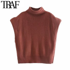 TRAF Women Fashion With Shoulder Pads Cropped Knitted Sweater Vintage High Neck Sleeve Female Pullovers Chic Tops 210415