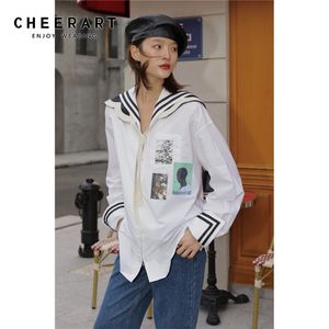 Granatowy marynarz kołnierz projektant ubrania kobiety top i bluzka z długim rękawem na koszulę jesień moda 210427