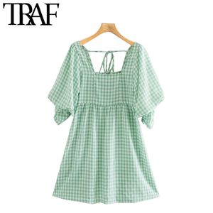 Traf Women Sweet Fashion Back Tied Plaid Mini Dress Vintage Square Collar半袖女性ドレスVestidos Mujer 210415