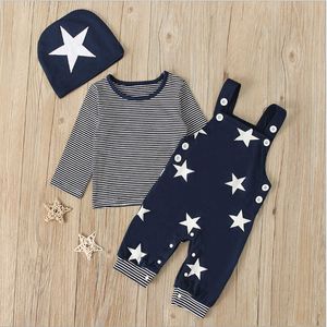Новорожденный мальчик одежда 2021 мода весенний осень полосатый длинный рукав Топы + подвесные брюки + шляпа 3шт Младенческая детская одежда наборы G1023