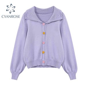 Purple Cardigan Sweater Sweet Single Breasted Long Sleeve Knitted Sweater Top Elegant Chic Korean Preppy Style Knitwear 210417