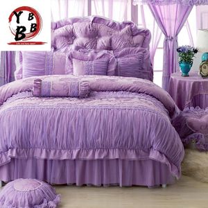 寝具セット韓国人紫色のレースセットベッドスプレッド4個ロマンチックな王女ベッドクロテベッド羽毛布団カバースカートクイーンキング