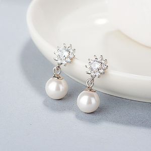 925 Silver Korean Personality Sun Flower Pearl Fashion Super Flash Tassel Zircon Earrings Jewelry