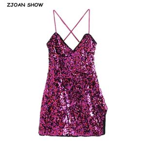 Sexig rosa färgkors spaghetti strap paljetter klänning kvinnor kort sling backless slits party klänningar 210429