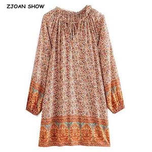 Bohemia Bandage Wood Ear Lacing up V Neck Floral Print Long Sleeve BOHO Dress Hippie Women Loose Straight Short Dresses Holiday 210429