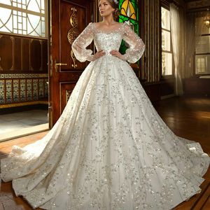 Splendidi abiti da sposa con abito da ballo in cristallo Dubai, collo trasparente, perline, maniche lunghe, abiti da sposa, abito da sposa principessa