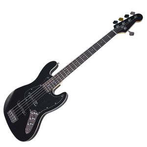 Black Electric Bass Guitar av hög kvalitet med 5 strängar, 2 pickups, Rosewood Fretboard, White Binding