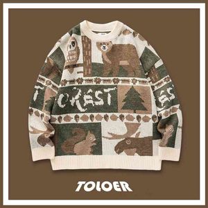 Winter Sweaters Men Casual Round Neck Bear Pattern Retro Mens Pullovers Japanese Style Couple Sweater Cute Women Pullover 210812
