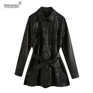 BBWM Women Fashion Tassel Faux Leather Jacket With Belt Vintage Long Sleeve Snap-button Coat Female Chic Outerwear 210520