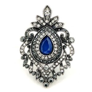 Turkish Vintage Opens Scroll Craft Pave Clear Crystal Dark Blue Brooches Floral Oval Shaped Pins Royal Jewelry for Women