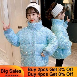 Winter Girls Outerwear New Sequins Thicken Cotton Warm Children Jacket Hooded Girls Outerwear Teenage Clothes 5-14Yrs H0909