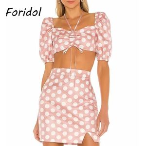 Polka Dot Summer Women Satin Dress Traje Puff Manga Crop Top Slit Falda Dos Piezas Conjunto Conjunto Vintage Pink 210427