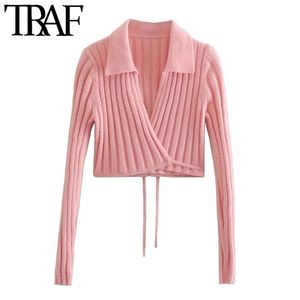Trafik Kvinnor Mode med bunden omslag Beskuren Stickad Cardigan Sweater Vintage Långärmad Kvinnlig Ytterkläder Chic Toppar 211011