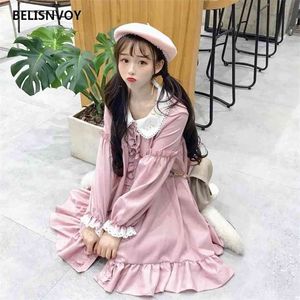 Japanese Ulzzang Lace Embroidery Doll Dress Women Harajuku Pink Ruffles Kawaii Dresses Lolita Cosplay Sweet Loose Vestidos 210520